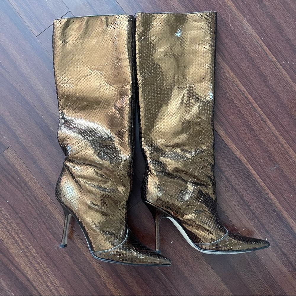 Jimmy Choo Rare “Kiki” Python Gold Heeled Boots